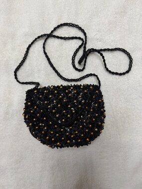 Vintage Black Beaded Evening Bag Gold Accent Clutch Crossbody
